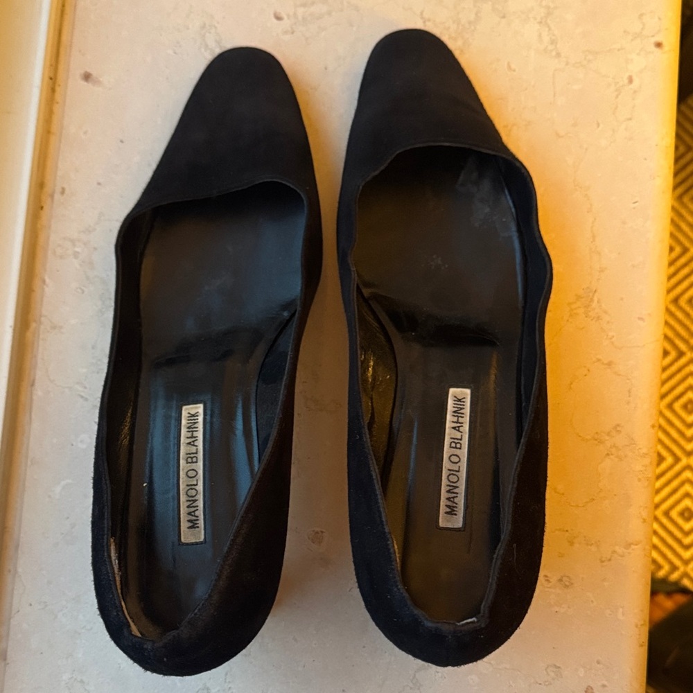 Manolo Blahnik Black Suede Square-Toe Pumps